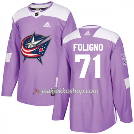 Miehille NHL Blue Jackets Pelipaita Nick Foligno 71 Adidas 2017-2018 Violetti Fights Cancer Practice Authentic
